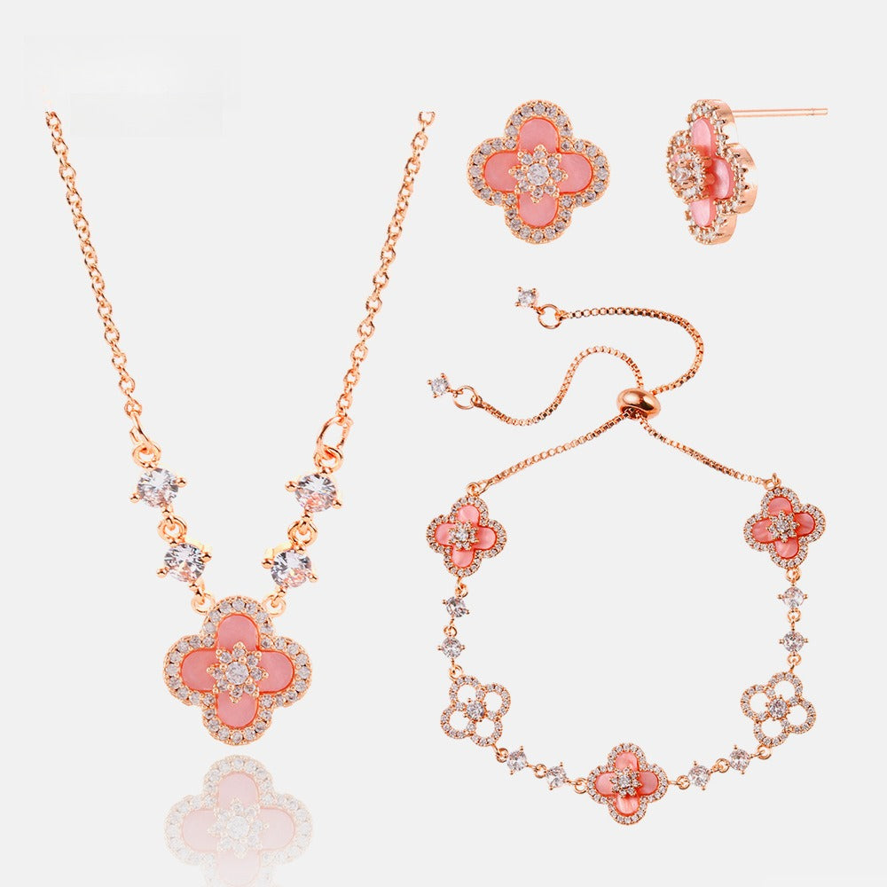 Pink Gold Four-Leaf Flower Bracelet Set