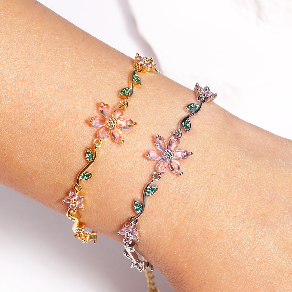 Pink Flower Bracelet For Women Fashion Jewelry Accessories