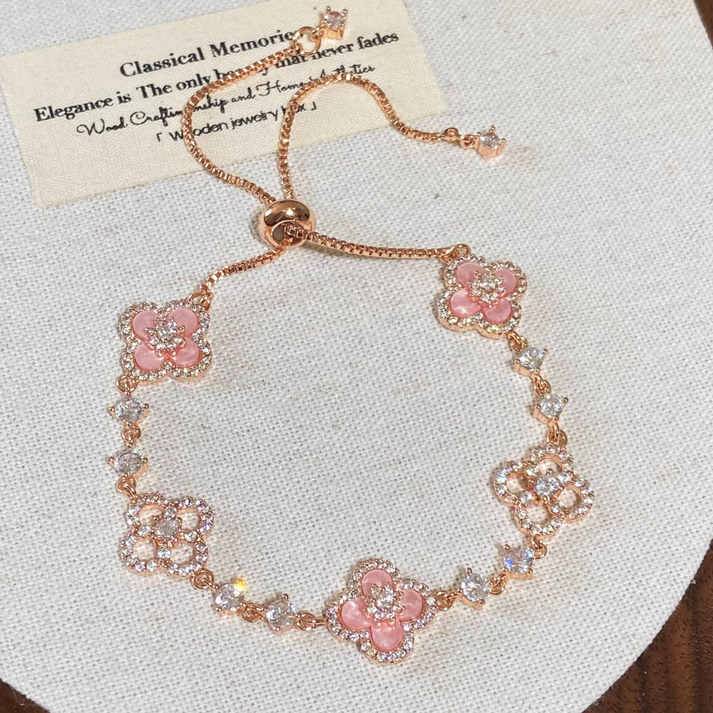 Pink Gold Four-Leaf Flower Bracelet Set