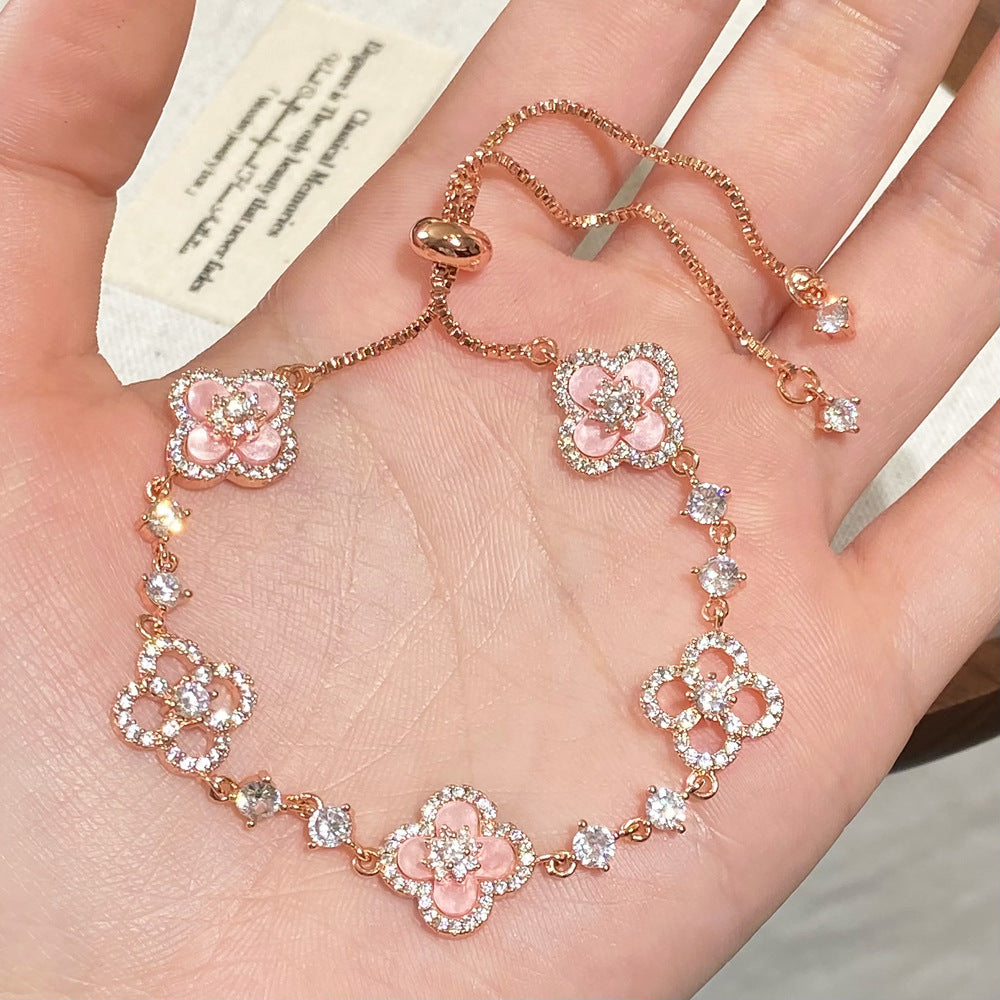 Pink Gold Four-Leaf Flower Bracelet Set